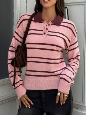 Striped Polo Collar Dropped Shoulder Sweater